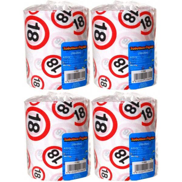 18 jaar verjaardag cadeau - Set van 4x stuks - wc/toiletpapier - 25m - verkeersborden