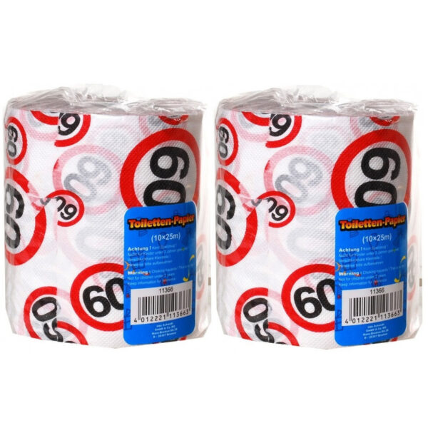 60 jaar verjaardag cadeau - Set van 2x stuks - wc/toiletpapier - 25m - verkeersborden -