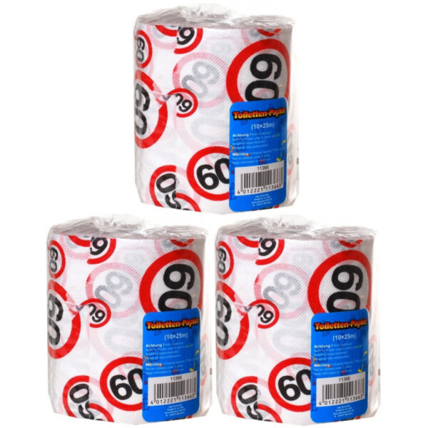 60 jaar verjaardag cadeau - Set van 3x stuks - wc/toiletpapier - 25m - verkeersborden