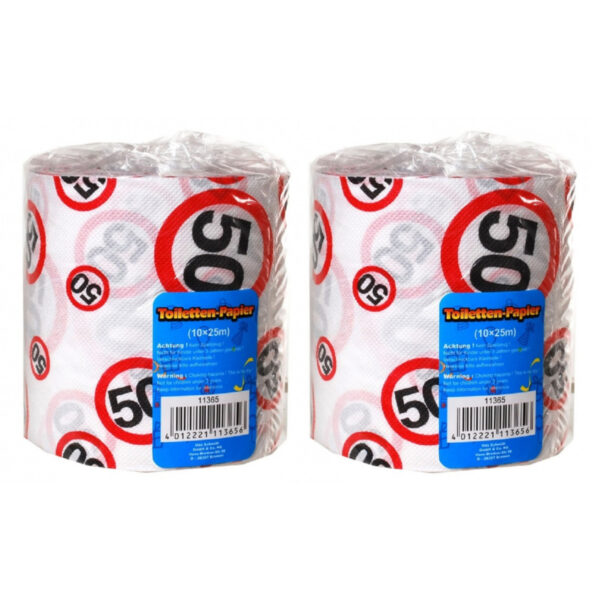 50 jaar verjaardag cadeau - Set van 3x stuks - wc/toiletpapier - 25m - verkeersborden -