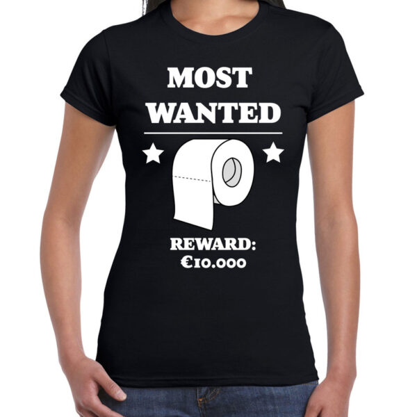 Fun t-shirt Most wanted toiletpaper 10.000 euro zwart voor dames