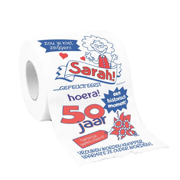 Toiletrol verjaardag Sarah 50 jaar met grappige tekst decoratie/versiering
