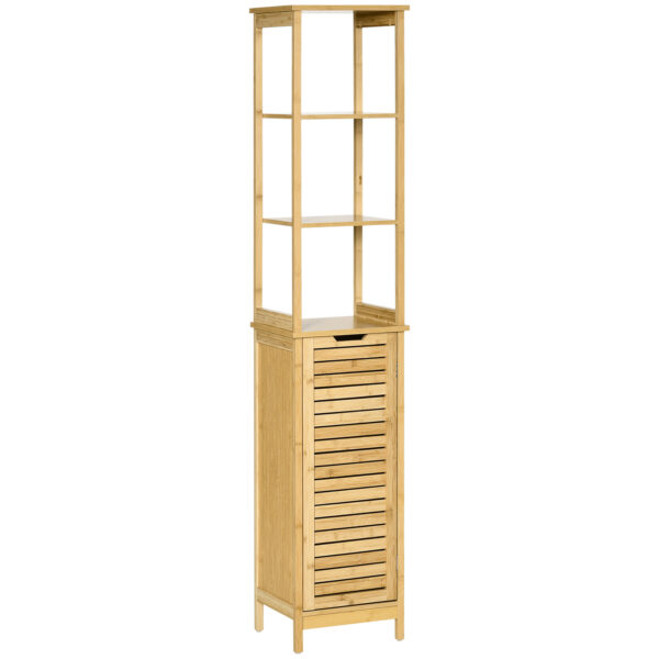 kleankin Badkamerkast, Hoge Kast met Drie Planken en een Kastvak met Lamellendeur, Kantelbeveiliging, Bamboe, 34 x 30 x 173 cm